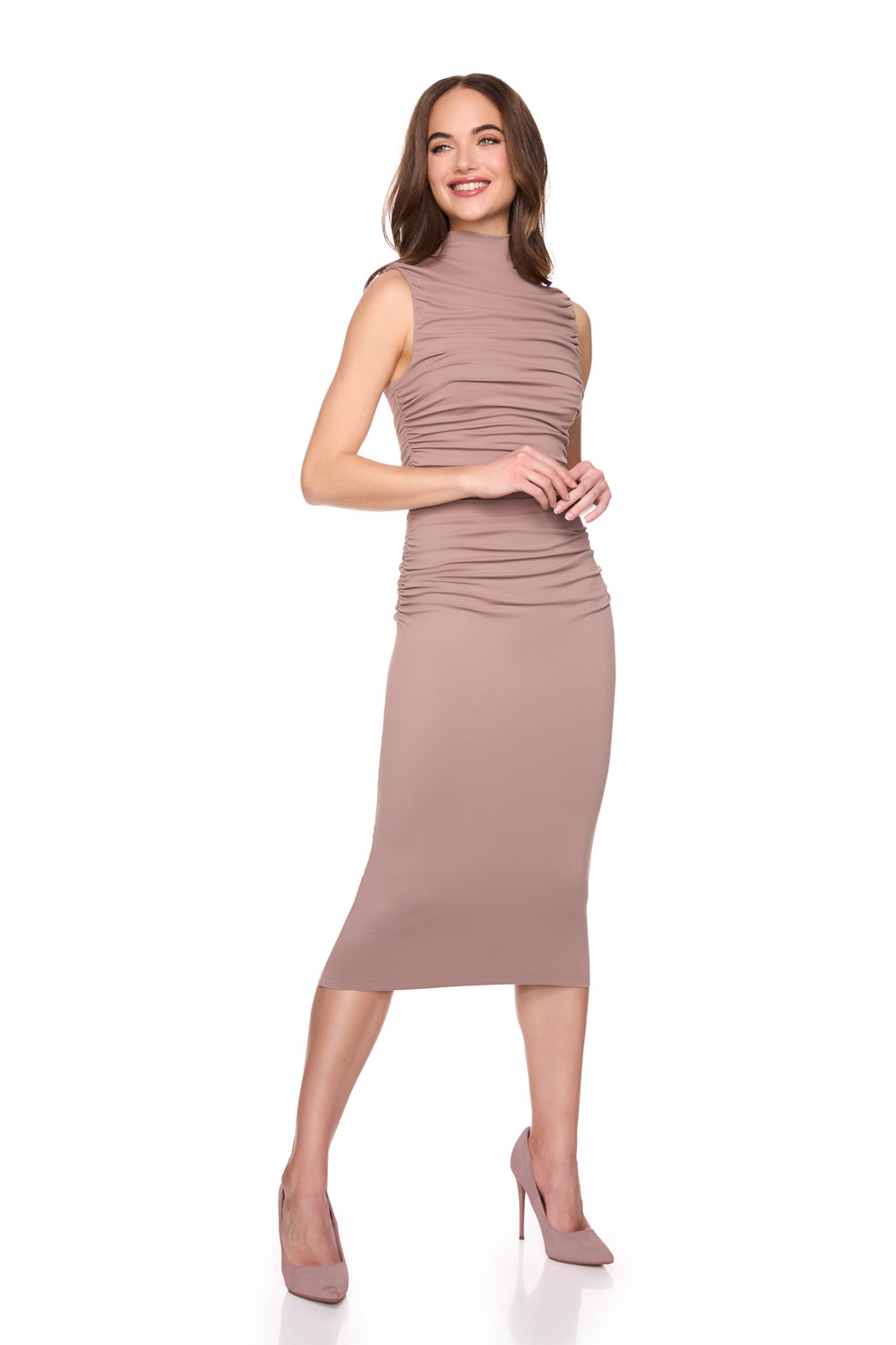 Gathered Mock Neck Sleeveless Dress-Casual Dresses-Happy on Main