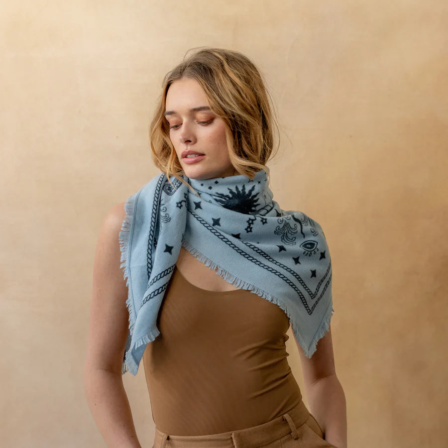 Cashmere Bandana Sweater Wrap - Soft Blue / Black