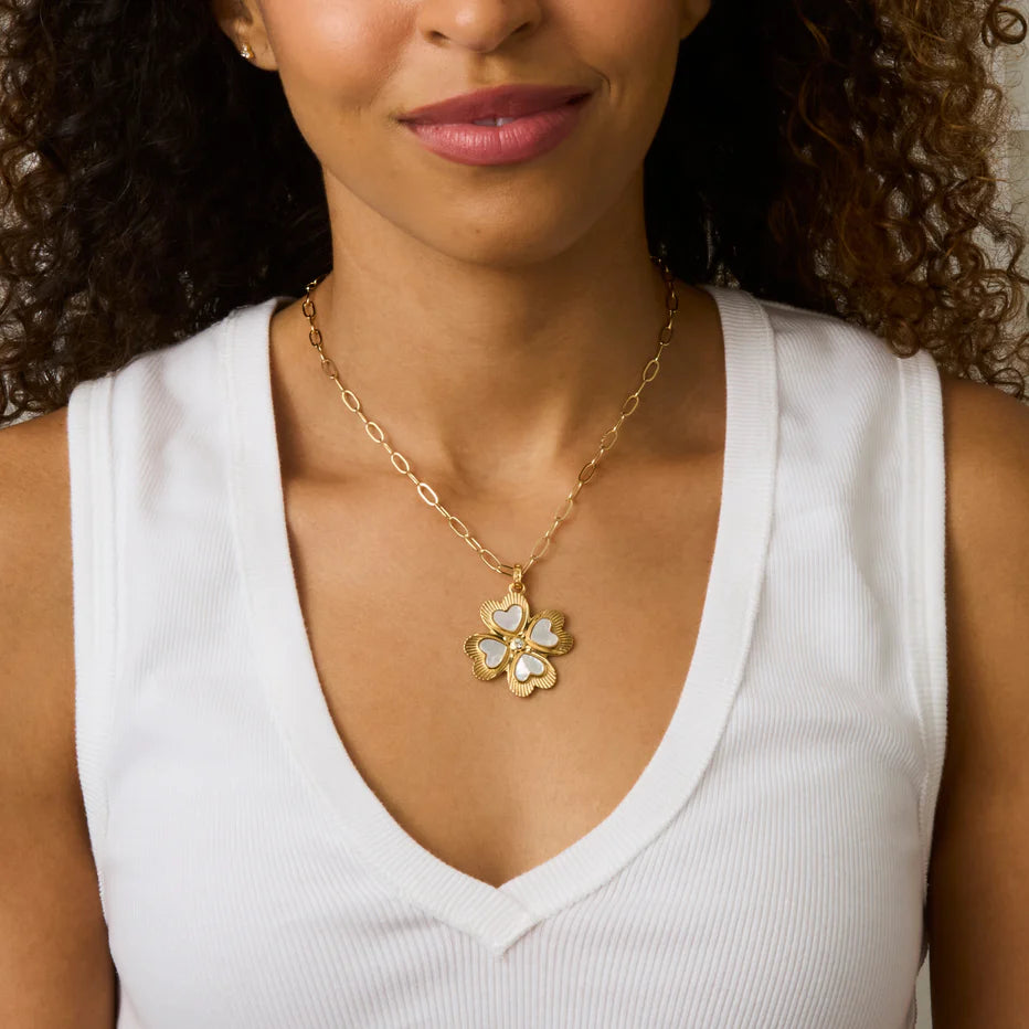 LUCKY in Love Clover Pendant with Mother of Pearl - 18" Drawn Link Chain-Jane Win-Happy on Main