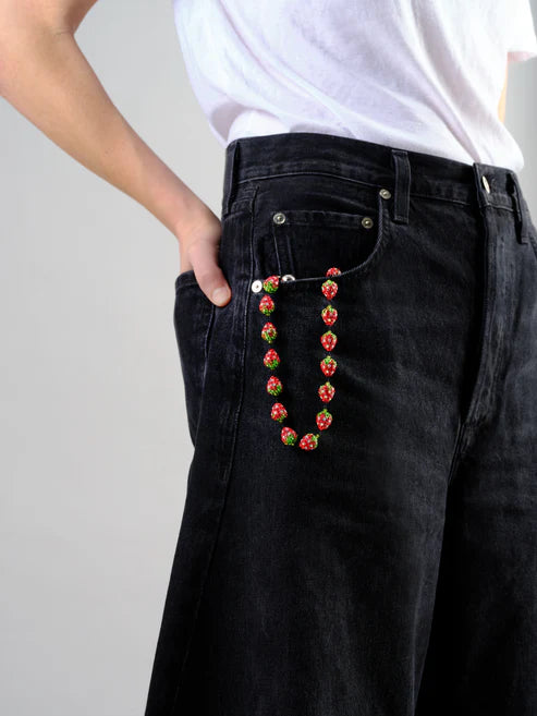 Strawberry Pave Wristlet - Pave rhinestone strawberries, Strung on braided cord. Double knotted between each bead.