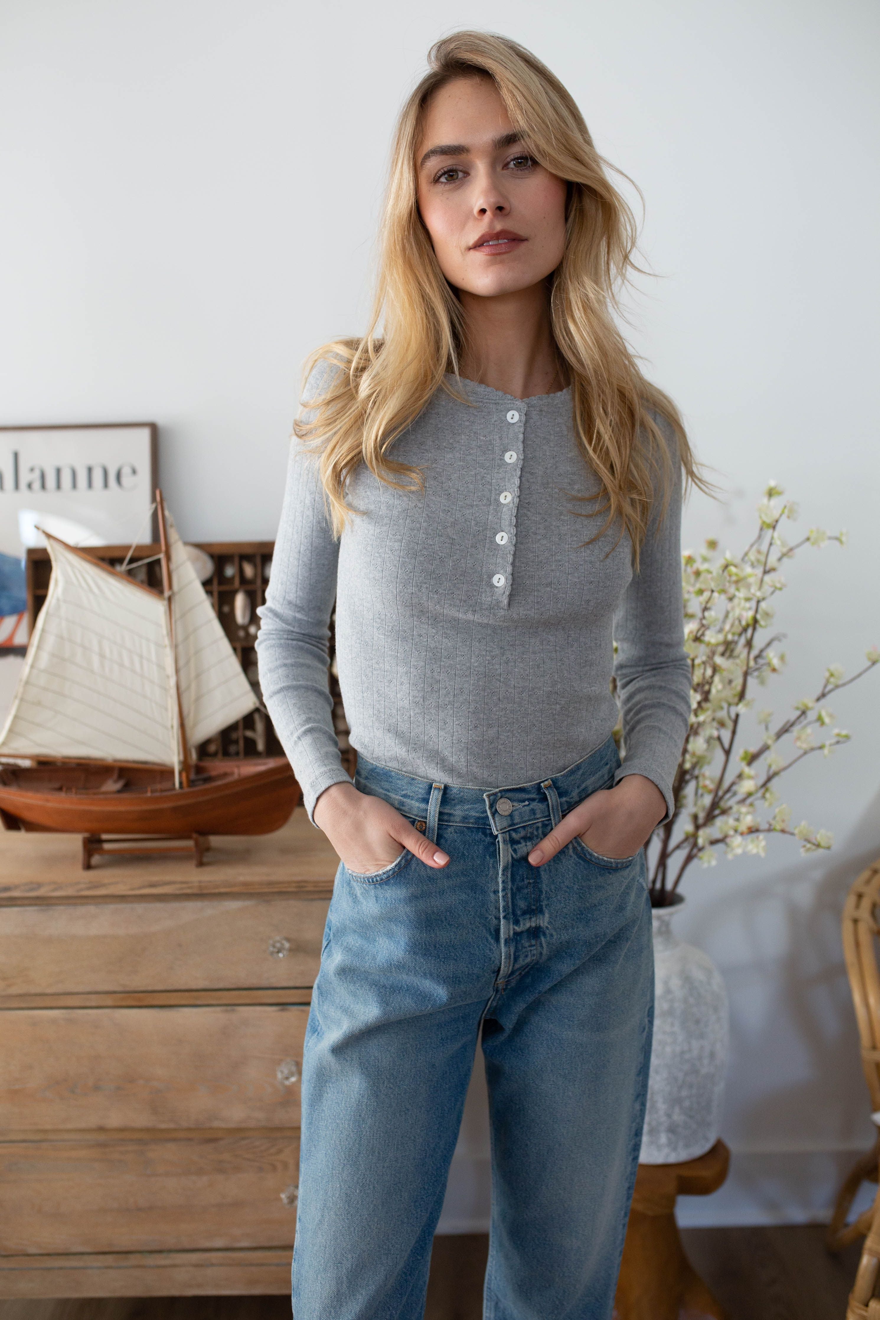 Pointelle Long Sleeve Henley-Casual Tops-Happy on Main