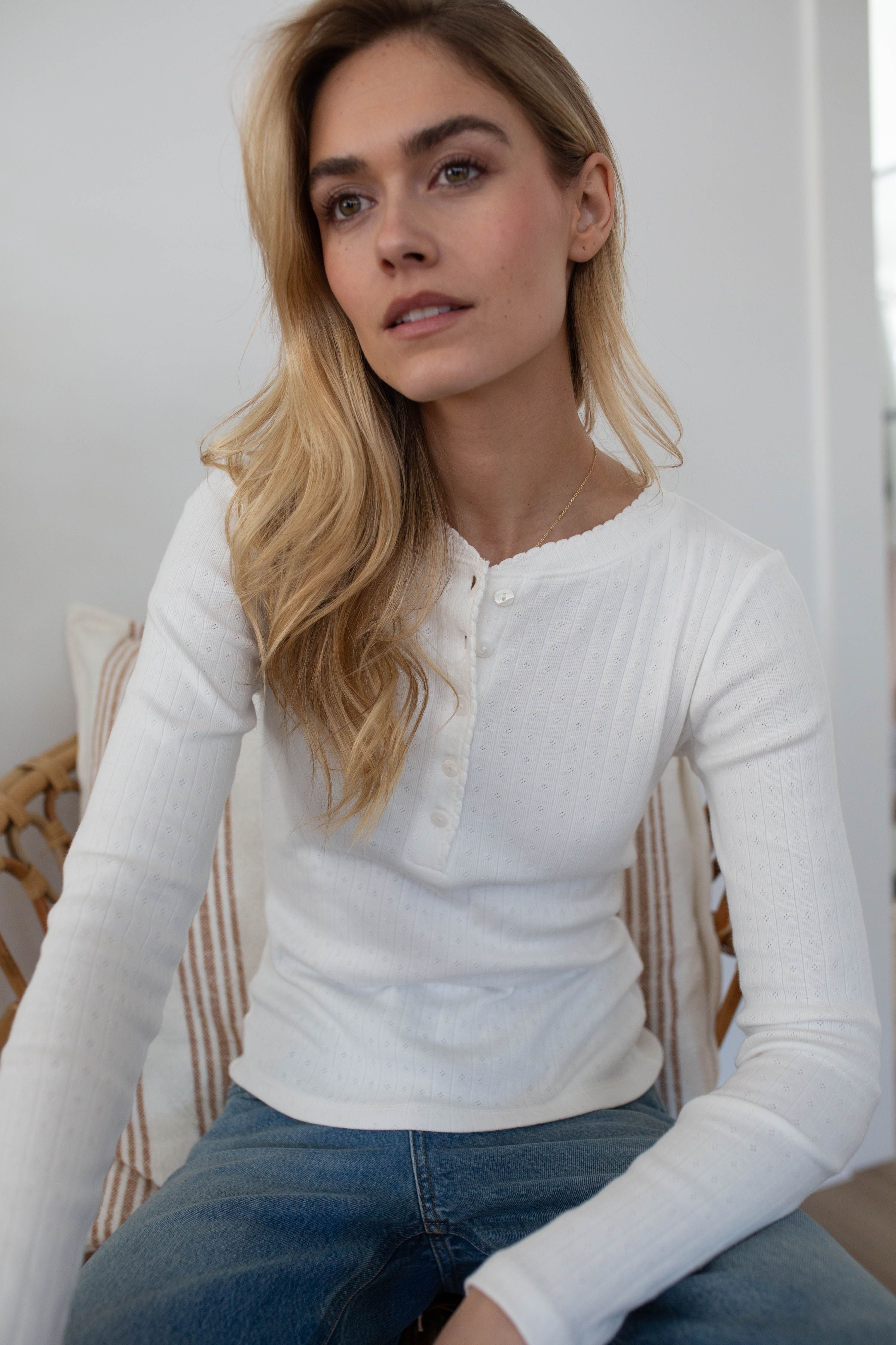 Pointelle Long Sleeve Henley-Casual Tops-Happy on Main