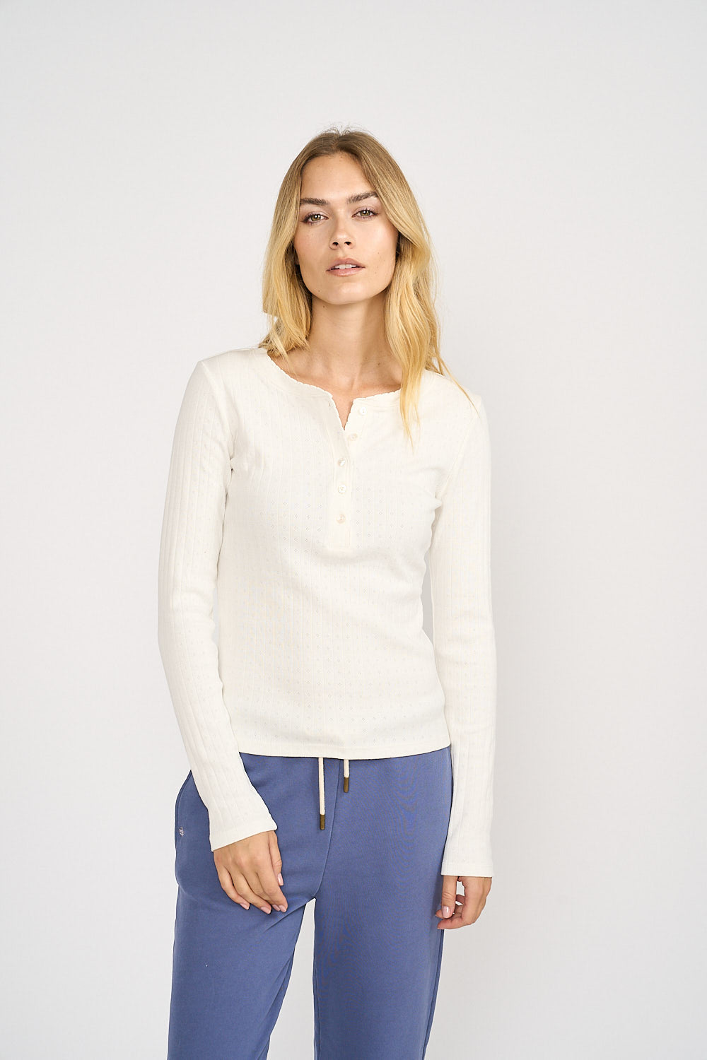 Pointelle Long Sleeve Henley-Casual Tops-Happy on Main