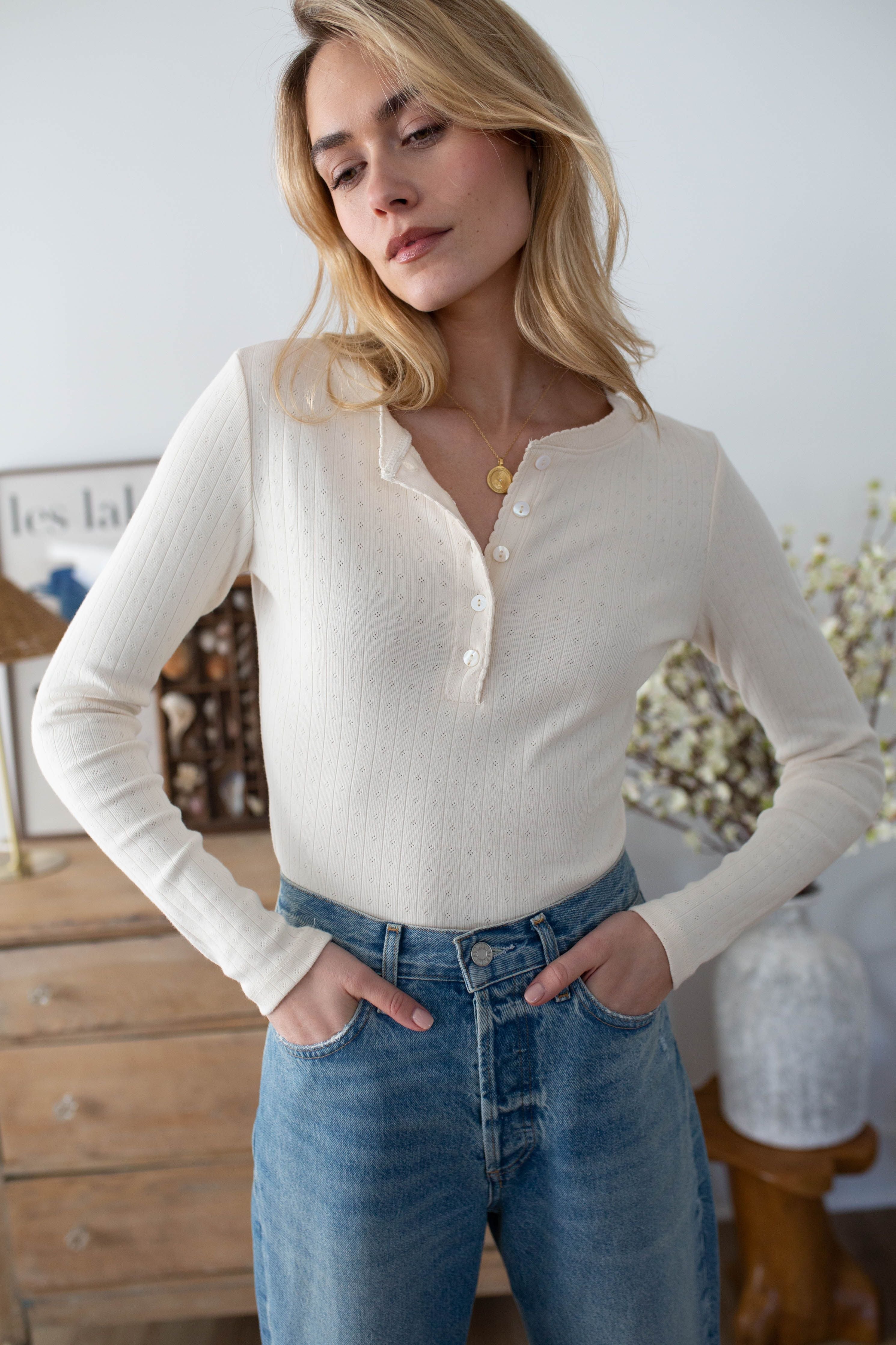 Pointelle Long Sleeve Henley-Casual Tops-Happy on Main