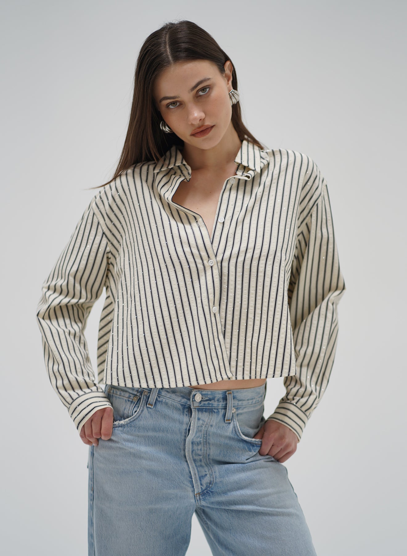 Valyria Blouse - Rhinestone Pin Stripe-LNA-Happy on Main
