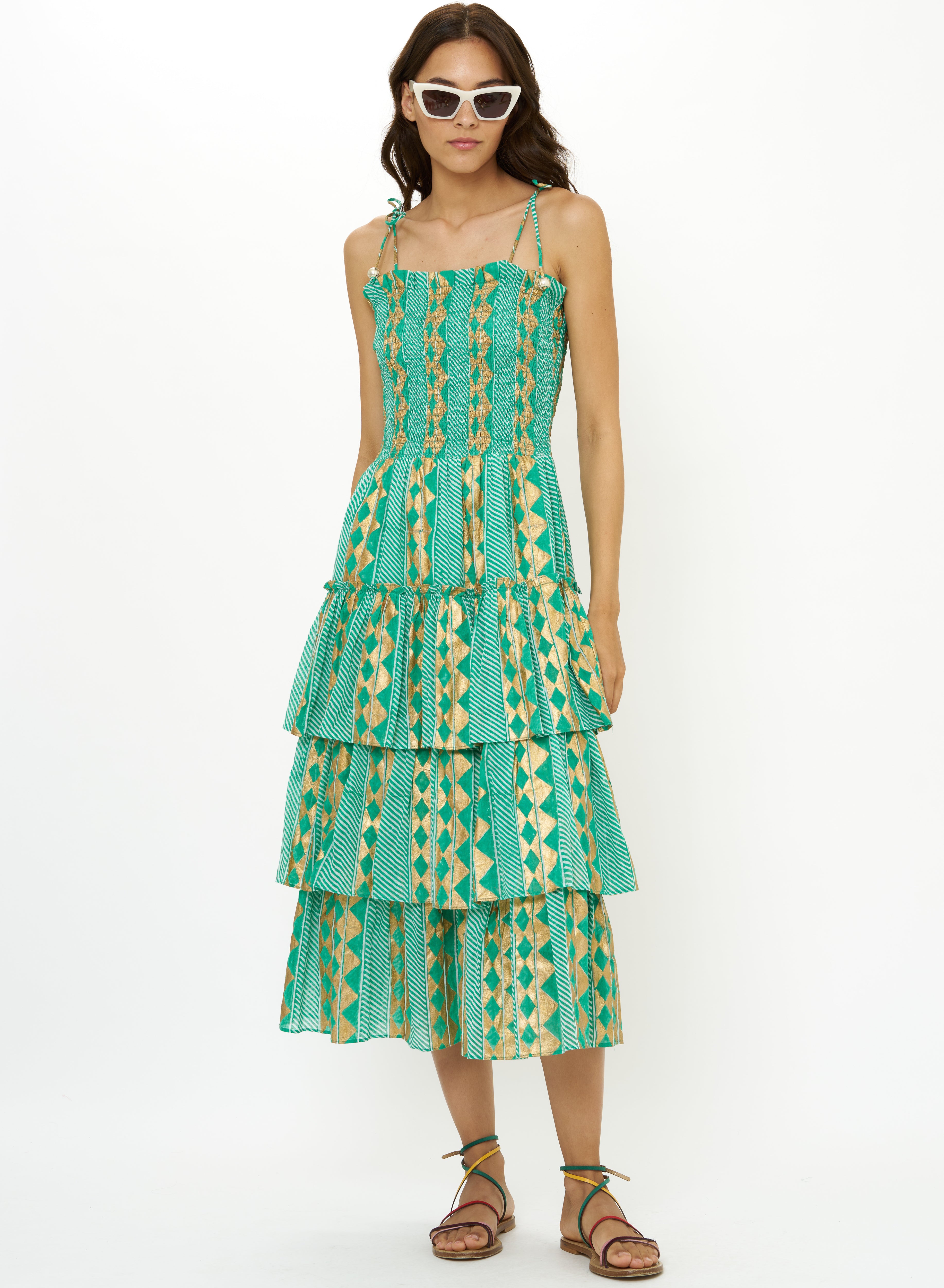 Smocked Tie Strap Ruffle Midi-Dressy Dresses-Happy on Main