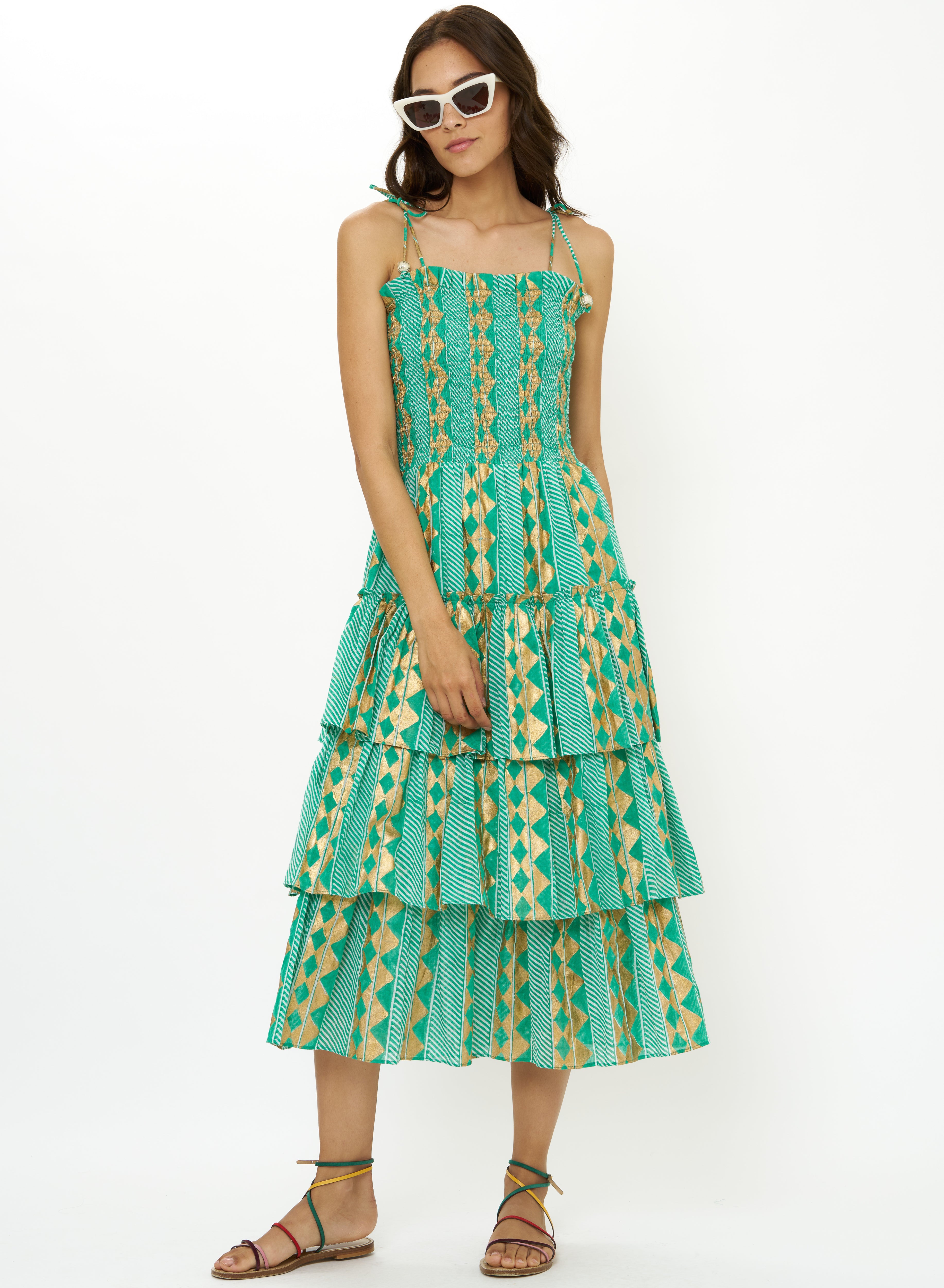 Smocked Tie Strap Ruffle Midi-Dressy Dresses-Happy on Main