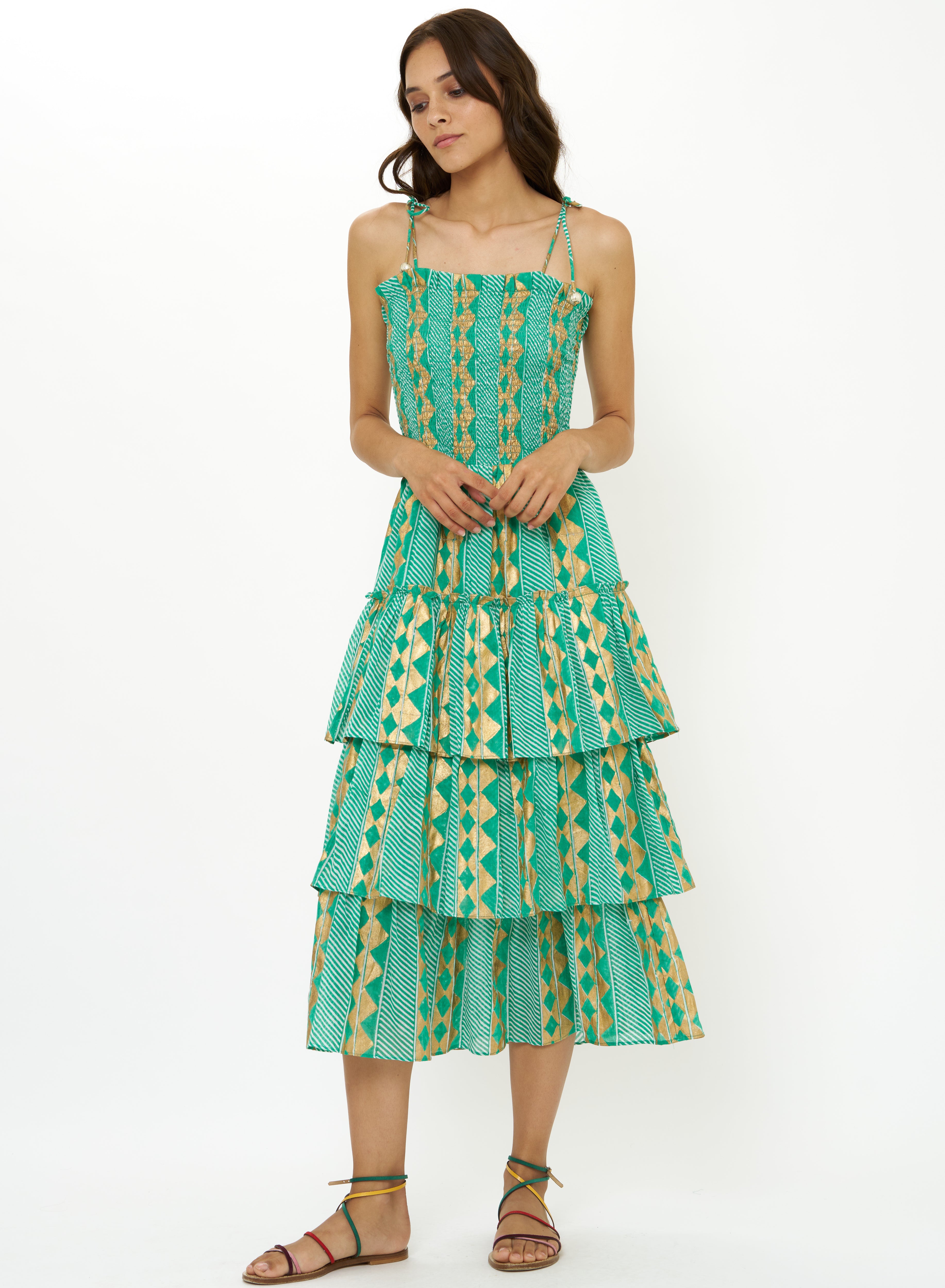 Smocked Tie Strap Ruffle Midi-Dressy Dresses-Happy on Main