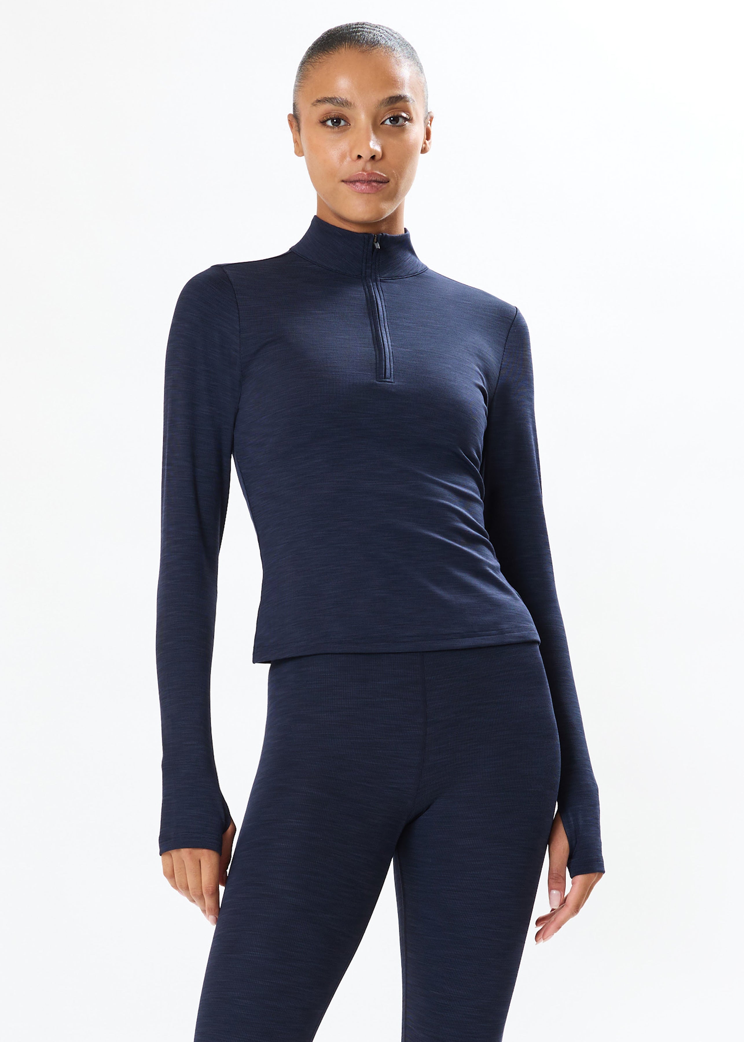Stevie Active Rib Half Zip Waist Length - Heather Indigo-Splits59-Happy on Main
