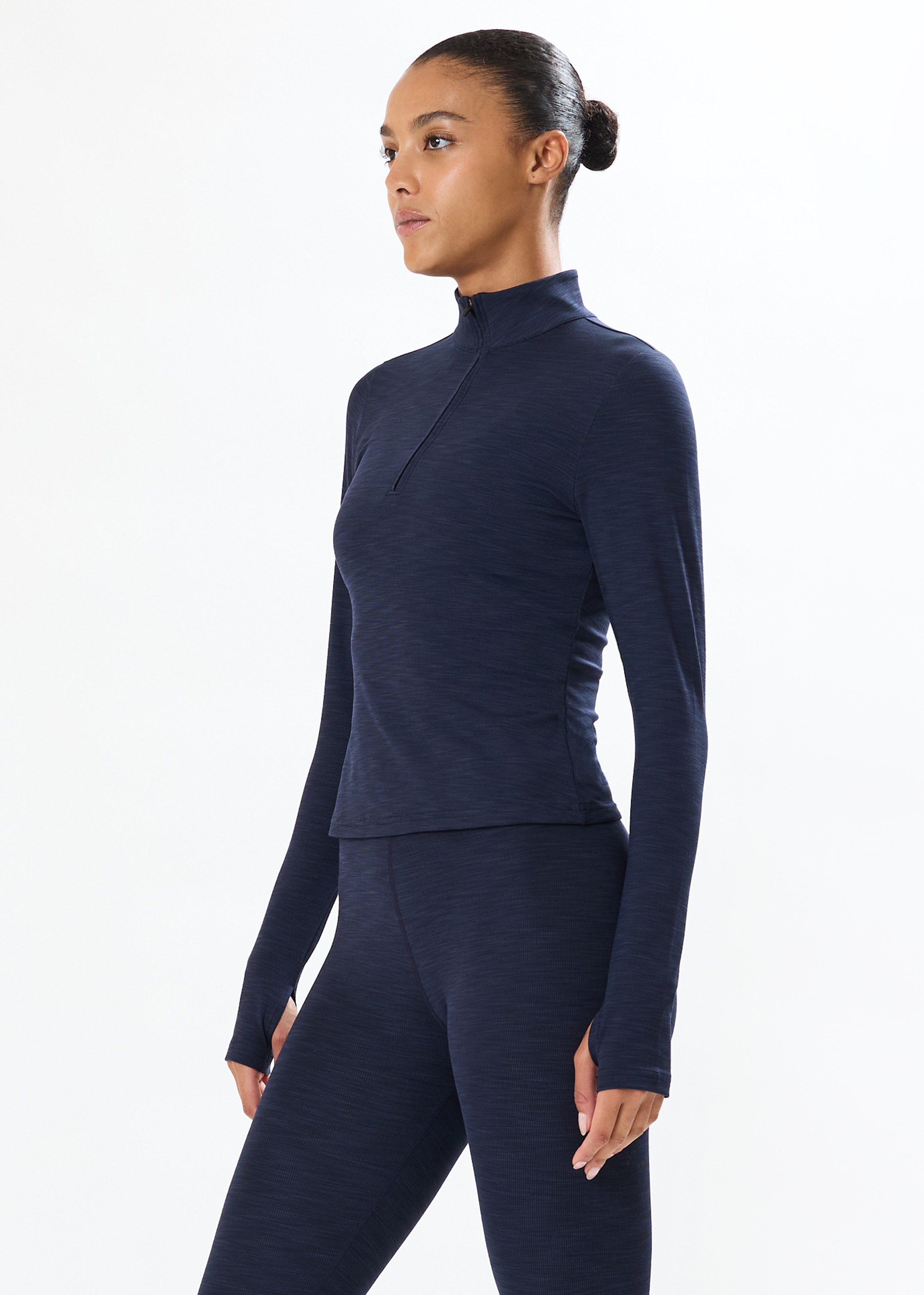 Stevie Active Rib Half Zip Waist Length - Heather Indigo-Splits59-Happy on Main