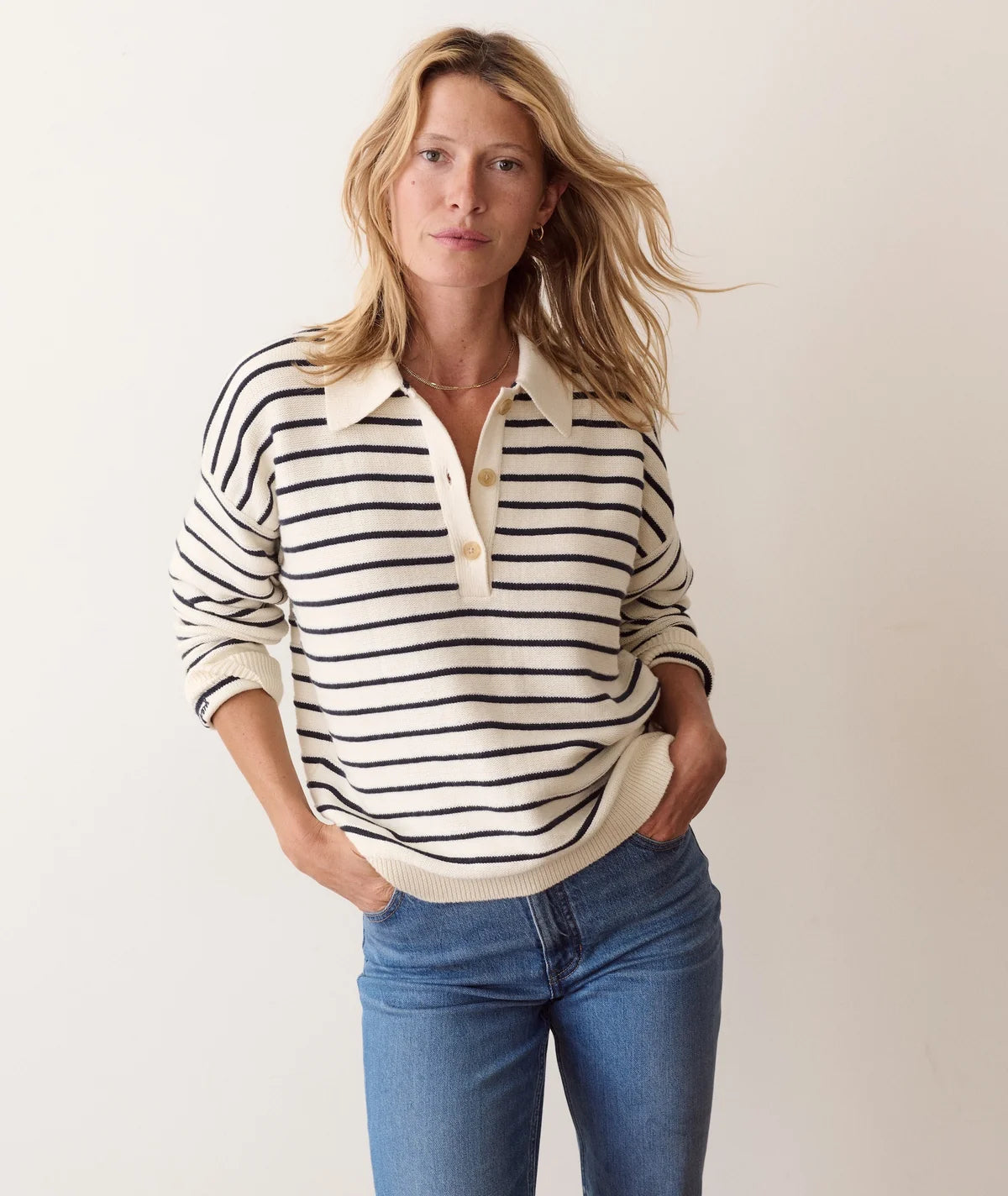 Valerie Polo Sweater - Cream & Twilight Stripe-Marine Layer-Happy on Main