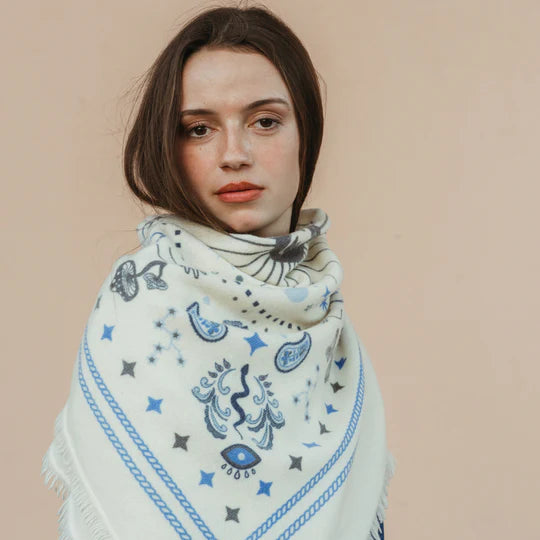 Cashmere Bandana Sweater Wrap - Ivory/Blue-Freya-Happy on Main