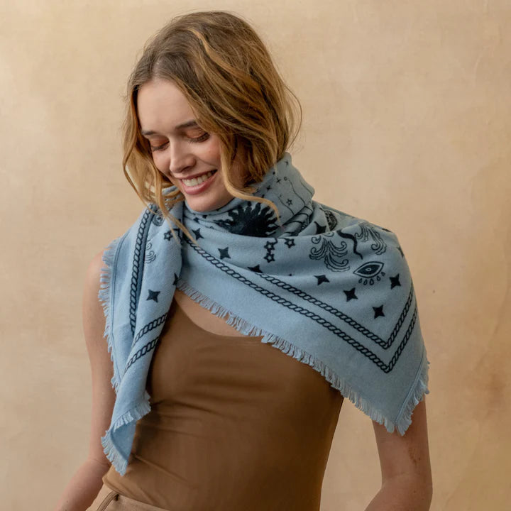 Cashmere Bandana Sweater Wrap - Soft Blue / Black