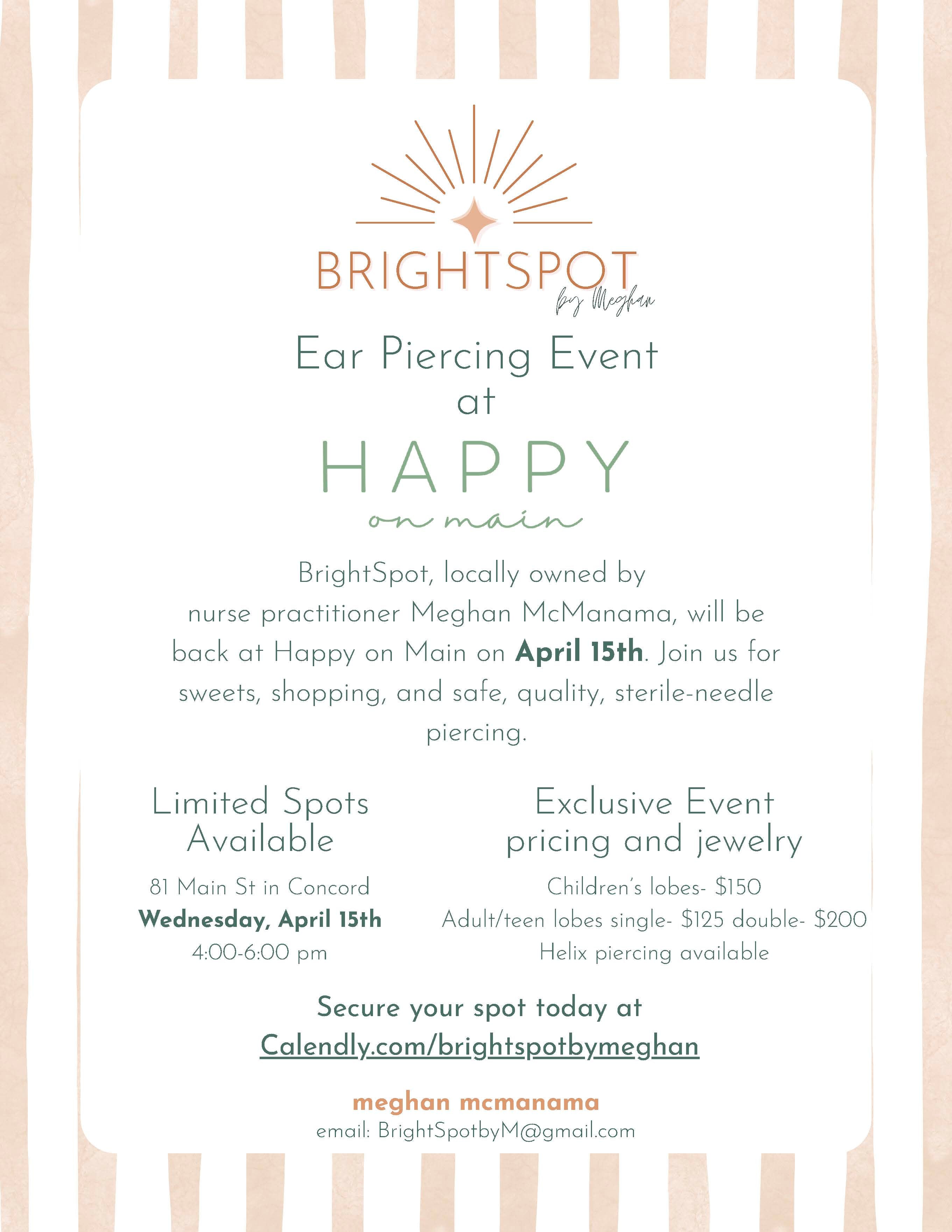 BrightSpot by Meghan: Professional Ear Piercing Pop-Up - April 15th, 4-6pm-Happy on Main-Happy on Main