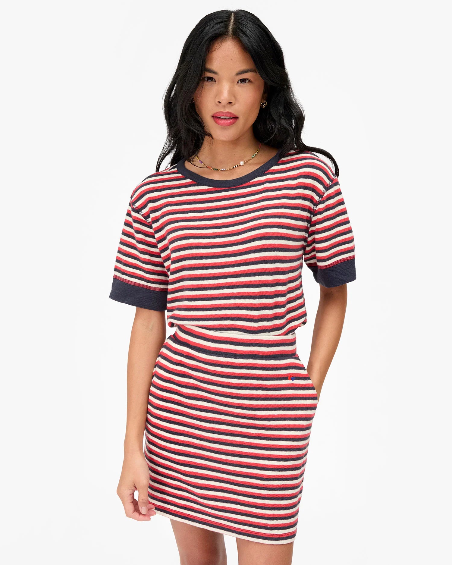 Le Mini Tube Skirt - Stripe - Navy/Cherry Red/Cream-Clare V.-Happy on Main