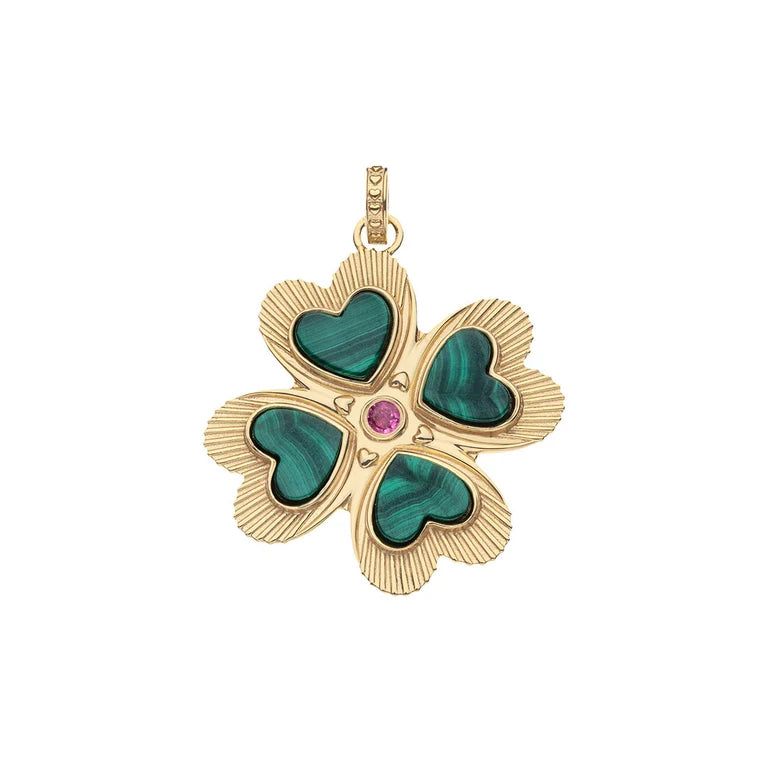LUCKY in Love Clover Pendant with Malachite - 18" Drawn Link Chain-Jane Win-Happy on Main