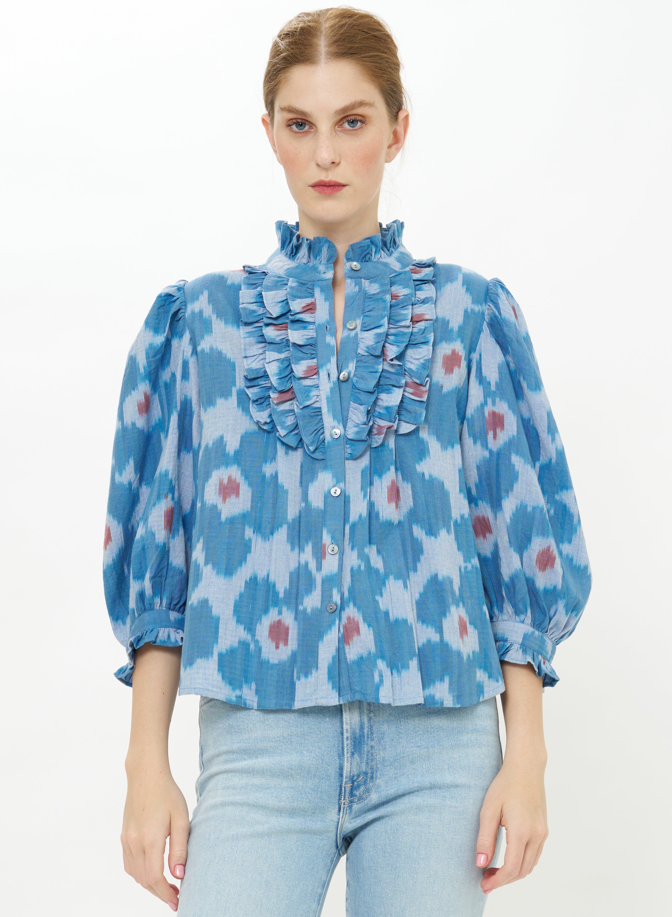 Ruffle Front Button Blouse-Casual Tops-Happy on Main