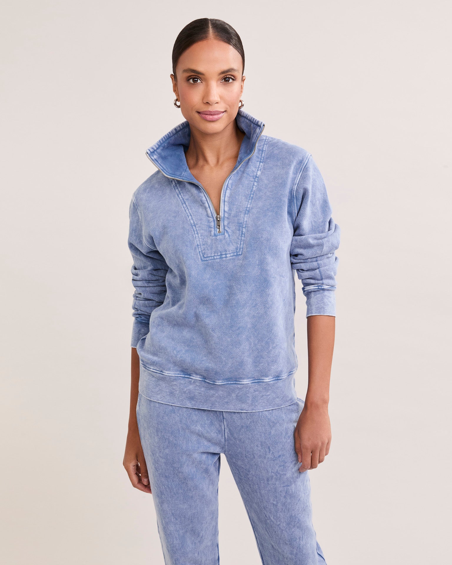 Oxford Unisex Quarter Zip - Blueberry-Maison Wheat-Happy on Main