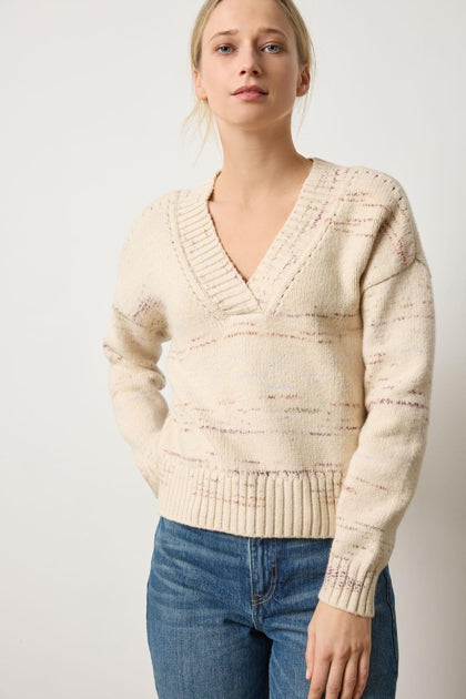 Oversized V-Neck Sweater - Eggshell Combo-Lilla P-Happy on Main