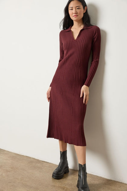 The Long Sleeve Rib Henley Dress in Fine Gauge Stretch Knit.