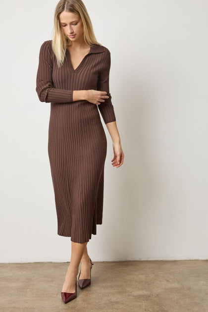 The Long Sleeve Rib Henley Dress in Fine Gauge Stretch Knit.