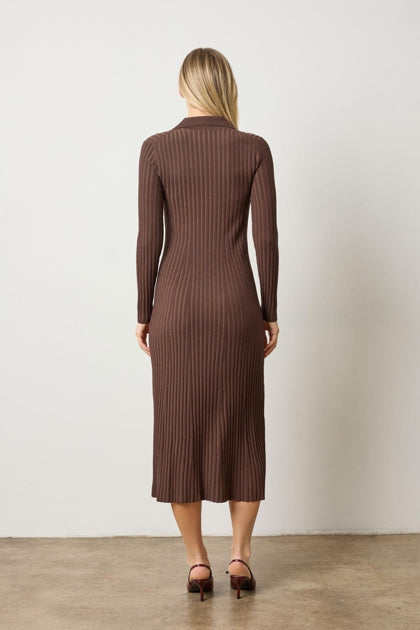 The Long Sleeve Rib Henley Dress in Fine Gauge Stretch Knit.