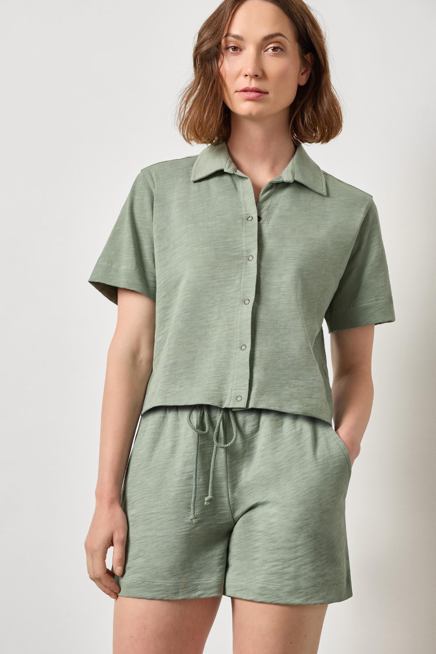Elbow Sleeve Button Down Tee - Sage-Lilla P-Happy on Main