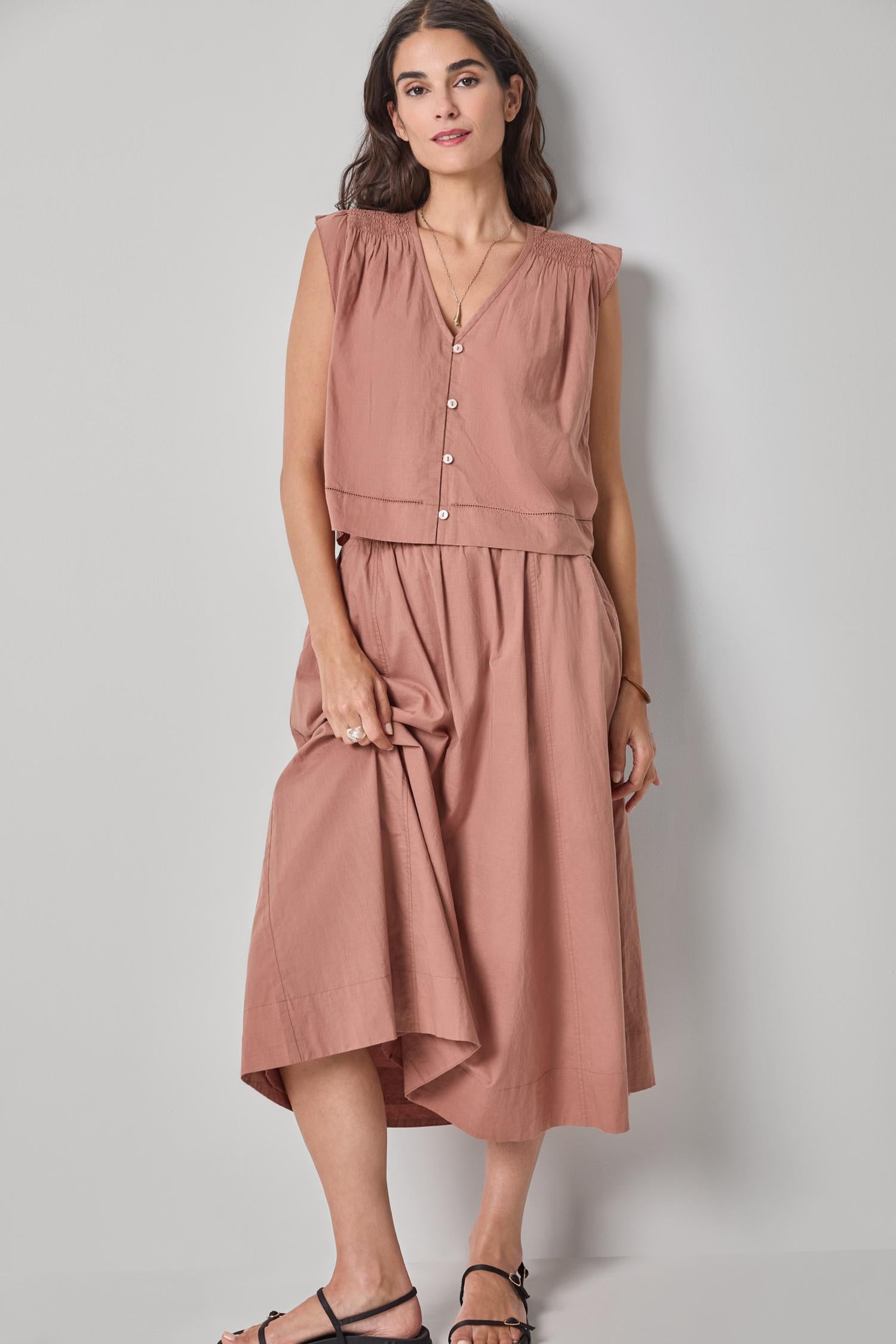 Smocked Shoulder V-Neck - Bark-Lilla P-Happy on Main