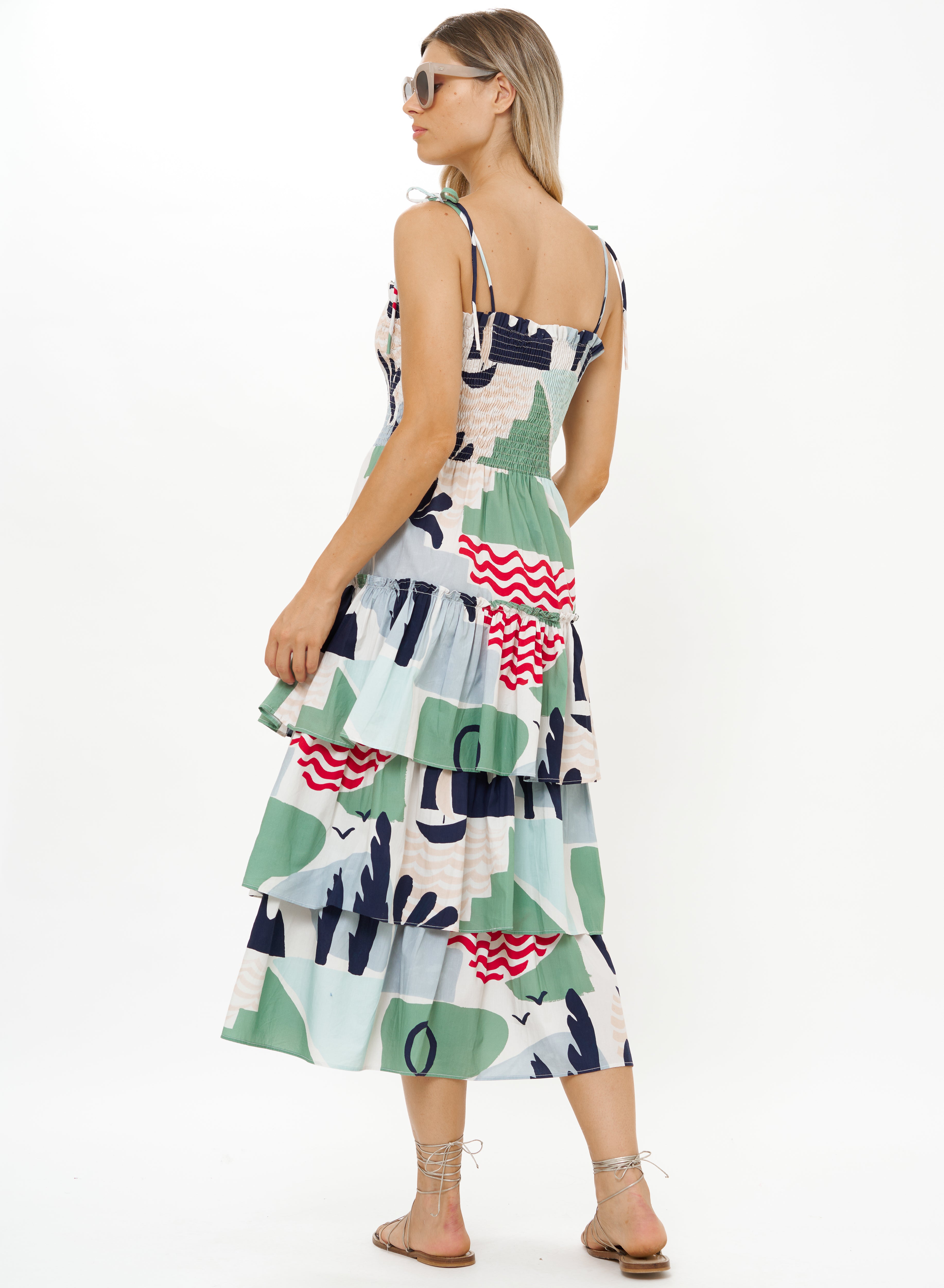 Smocked Tie Strap Ruffle Midi-Dressy Dresses-Happy on Main