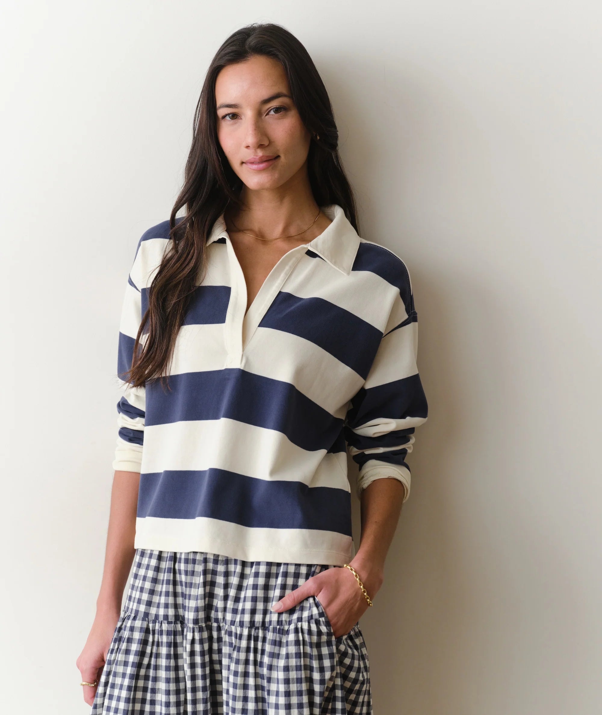 Luxe Sueded Polo Tee - Navy Stripe-Marine Layer-Happy on Main
