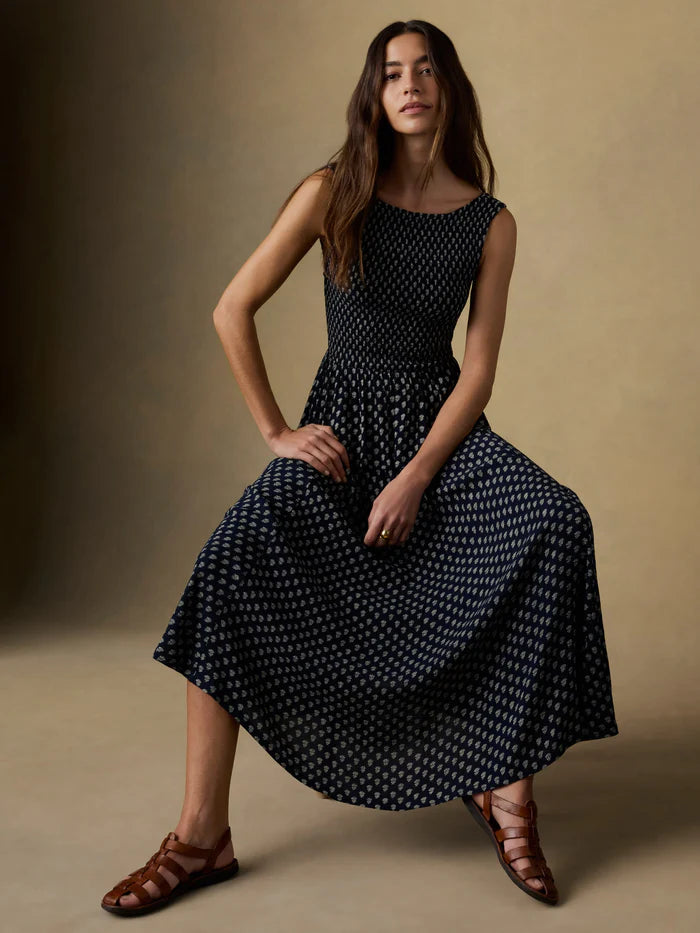 Sophia Smocked Skirt - Navy Lotus Floral-Faherty-Happy on Main