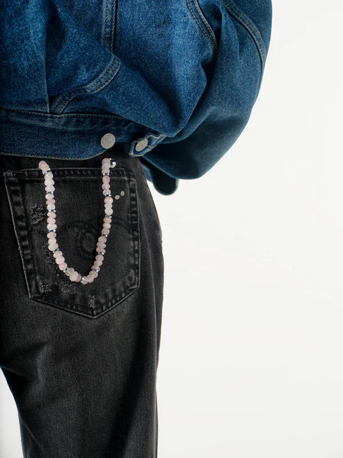 Linked Gemstone Wristlet - High polished rose quartz chips strung together with silver hematite disks.