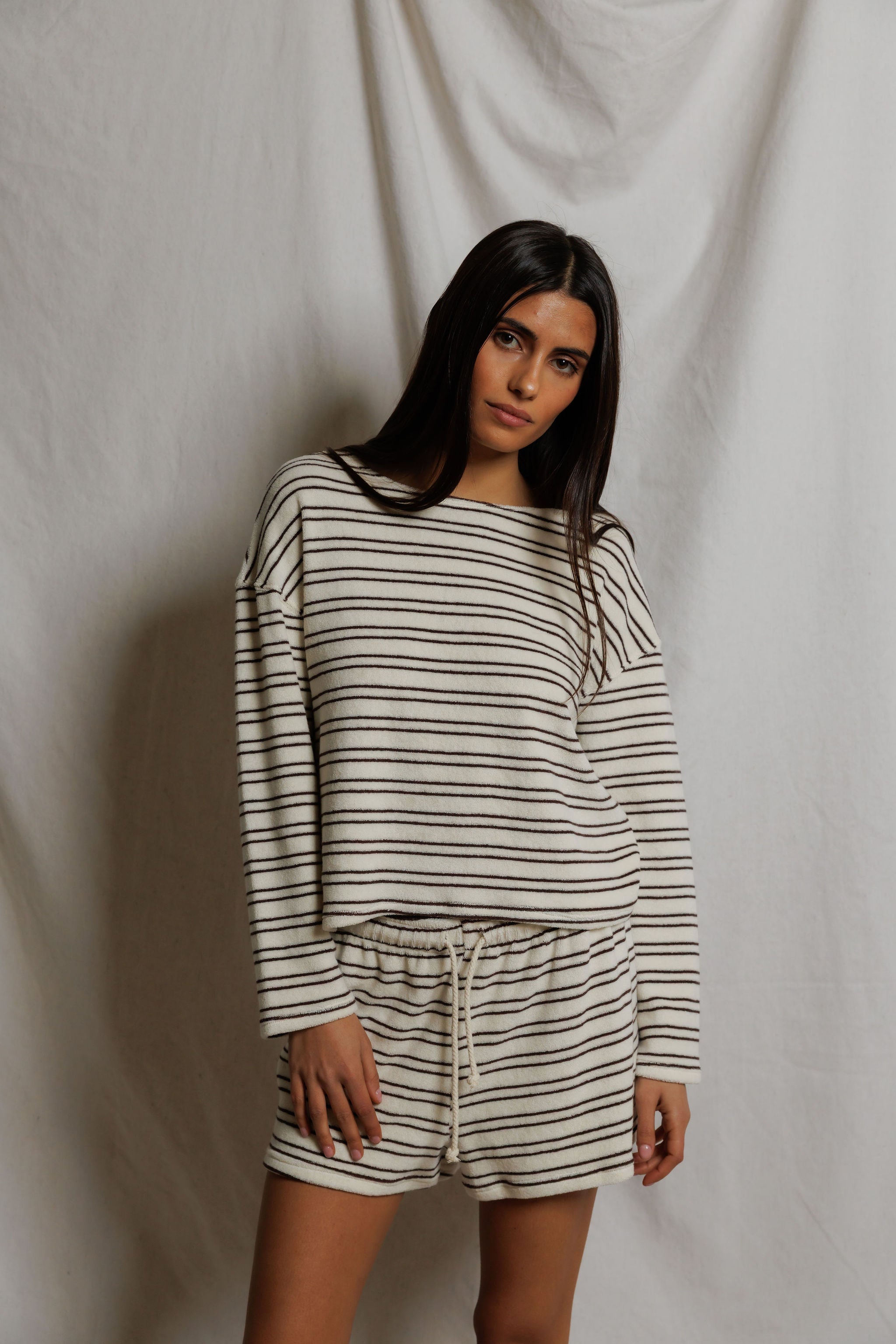 Summer Loop Terry Sweat Shorts - Natural/Chocolate Stripe-perfectwhitetee-Happy on Main