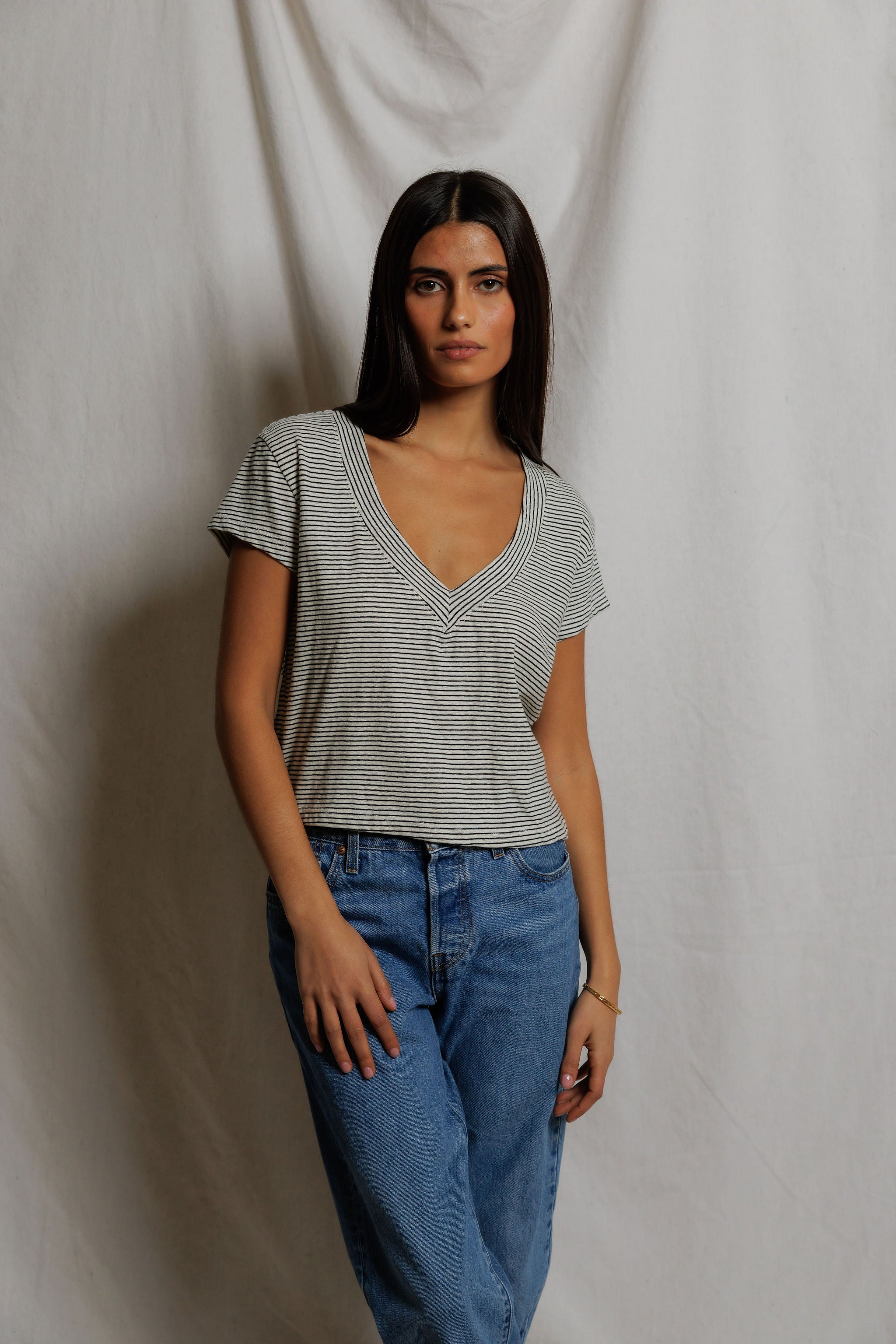 Val Stripe Hemp Milk Cotton V Neck Tee - Natural/ Black Stripe-perfectwhitetee-Happy on Main