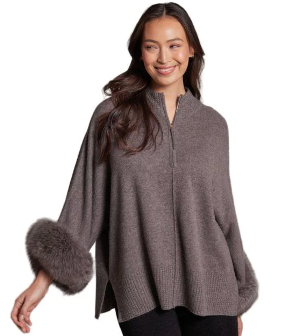 100% Cashmere Eliza Fox Trim Poncho-Alashan Cashmere-Happy on Main