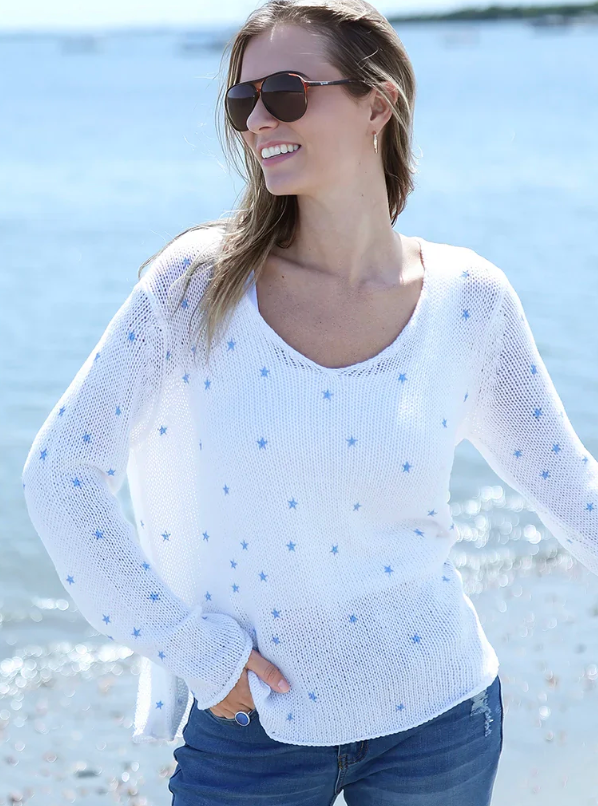 Mini Stars Printed V Cotton - Breaker White/Beach Sky-Wooden Ships-Happy on Main