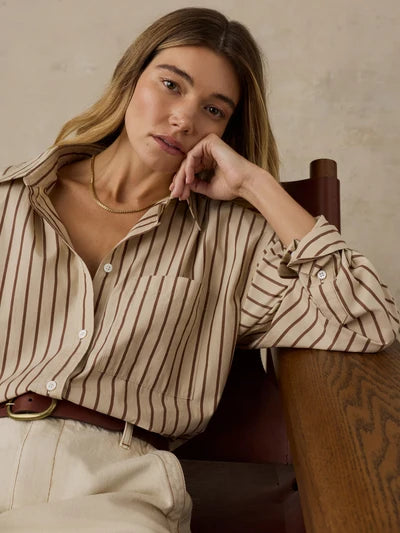 Coastal Poplin Oversized Shirt - Drift Sand Stripe-Faherty-Happy on Main