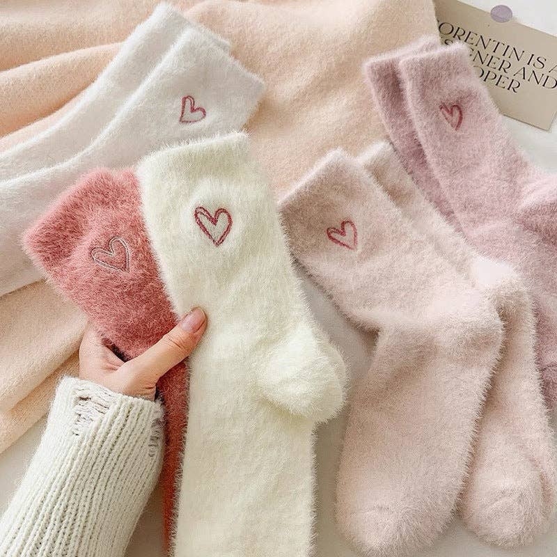 Cute Heart Embroidery Fuzzy Plush Socks DP25H516-Dipped Shop-Happy on Main