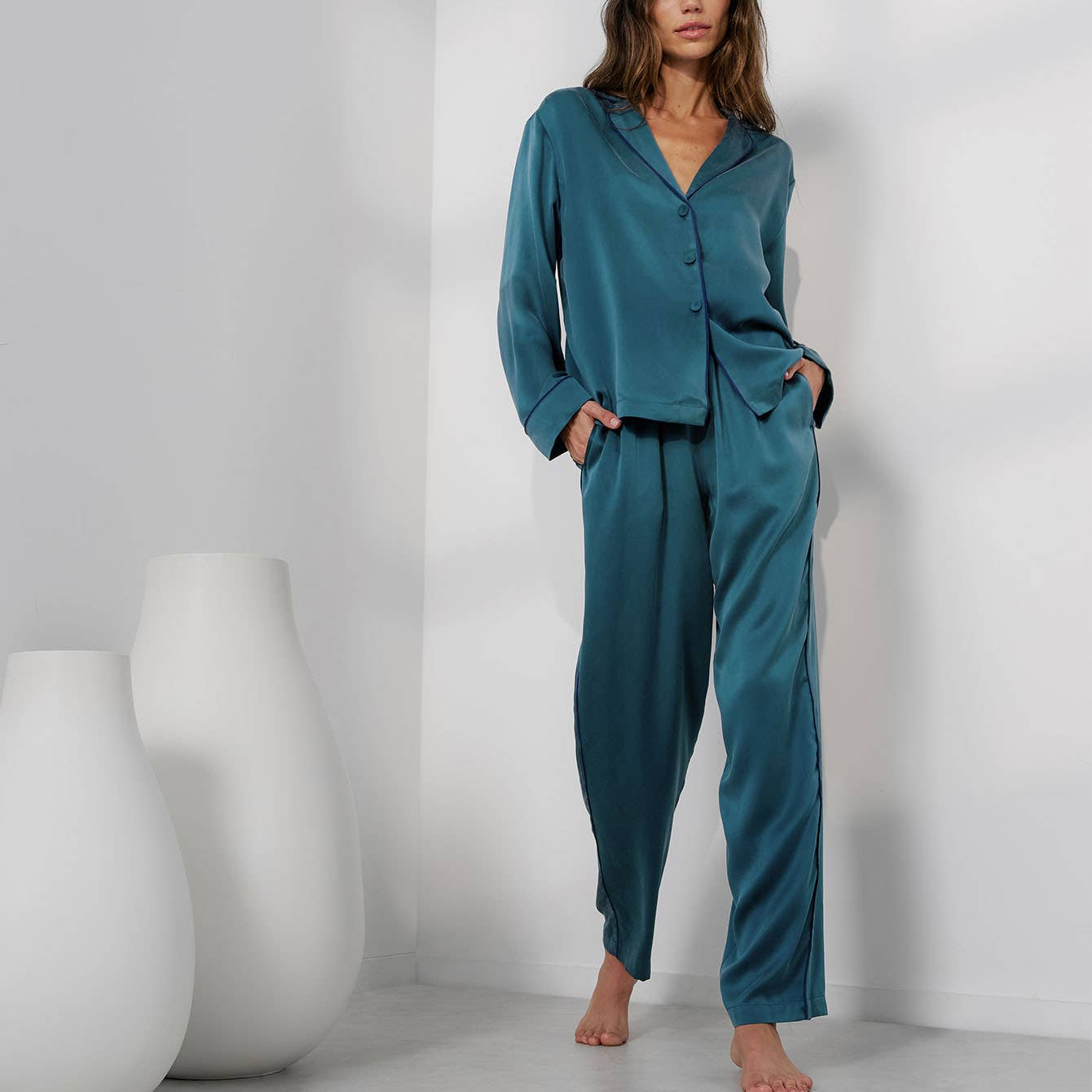 Washable Silk Piped Long Sleeve Pant Set-LUNYA-Happy on Main