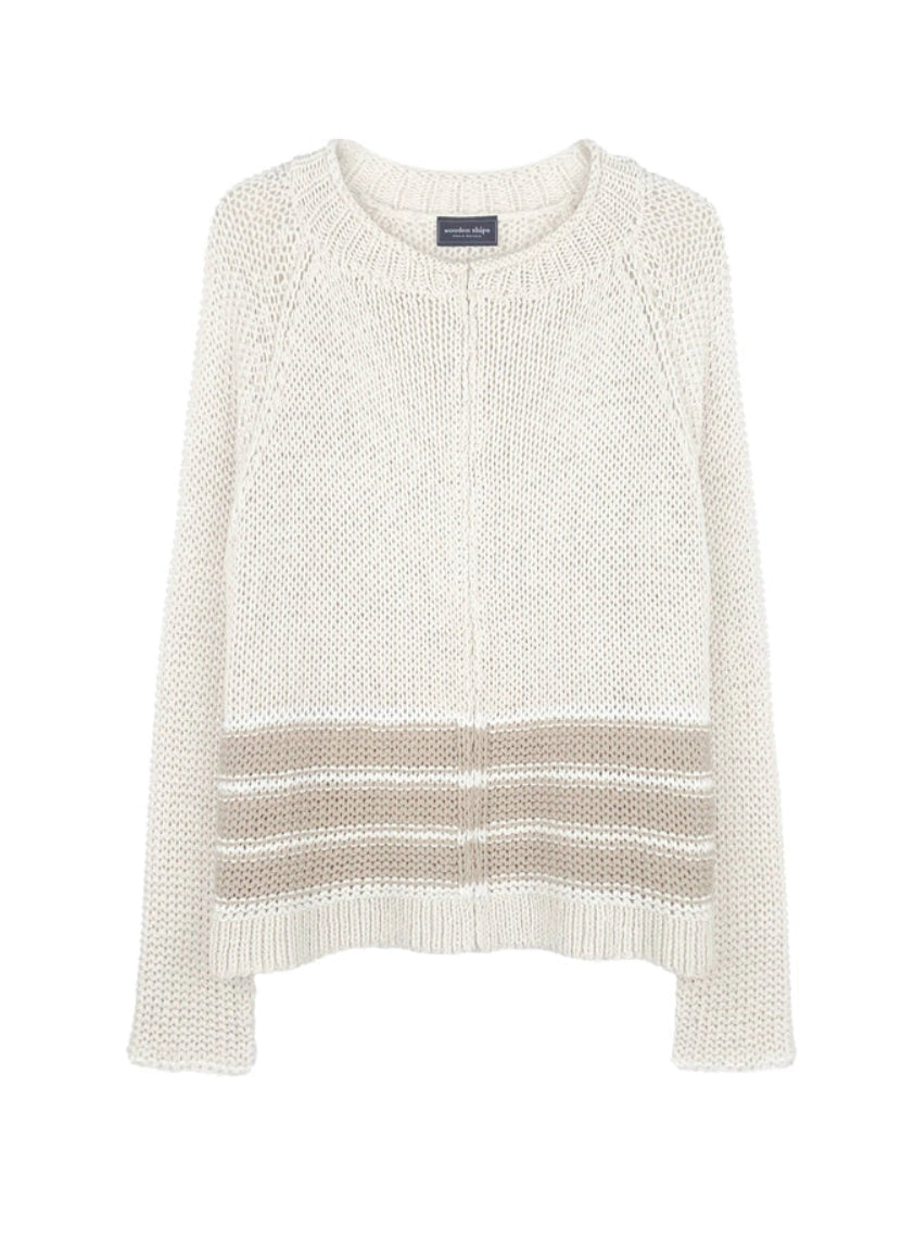 Sunrise Chunky Cardi Cotton - Almond Butter/Breaker White Stripe-Wooden Ships-Happy on Main
