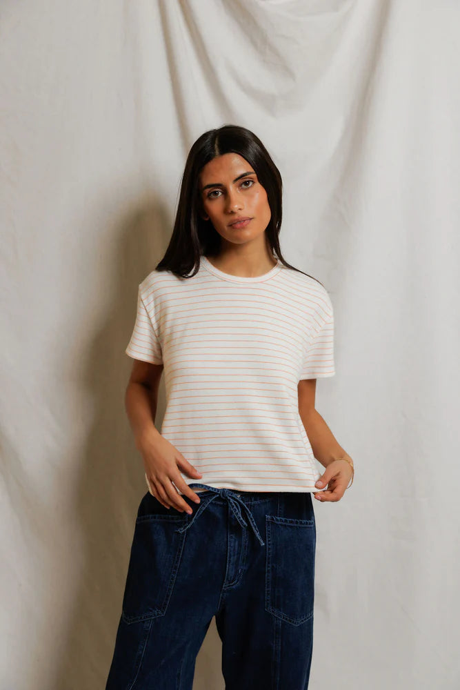 Erin Brushed Sweater Stripe Crewneck Tee - Clementine Stripe-perfectwhitetee-Happy on Main