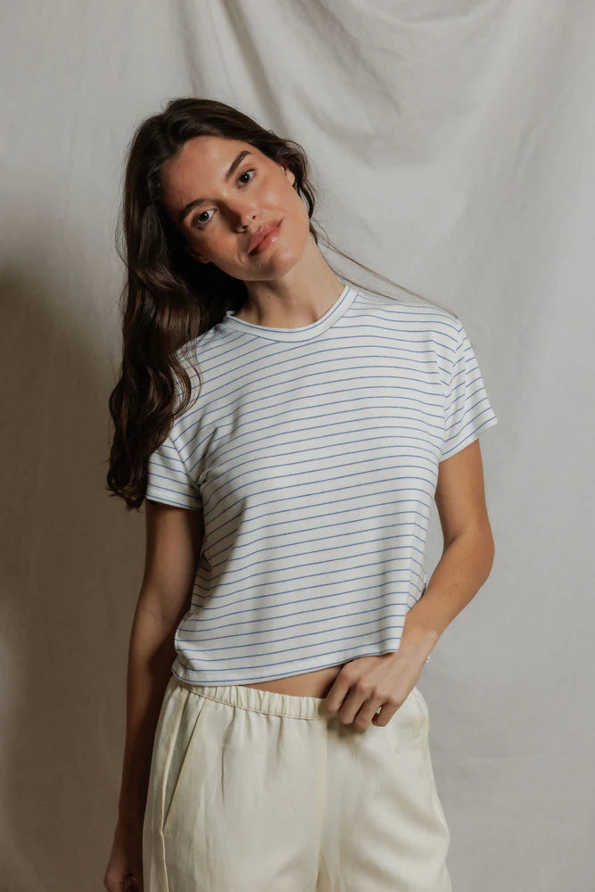 Erin Brushed Sweater Stripe Crewneck Tee - Pacific Stripe-perfectwhitetee-Happy on Main