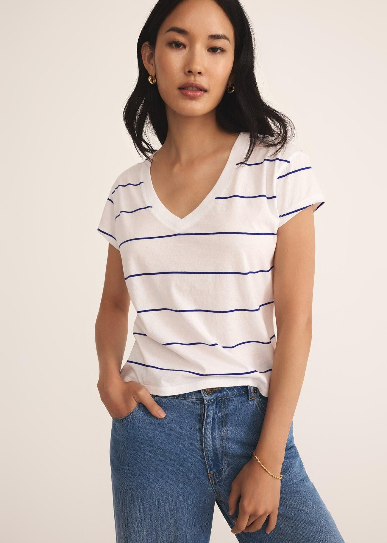 Striped Modern V-Neck Tee-Basic Tanks + Tees-Happy on Main
