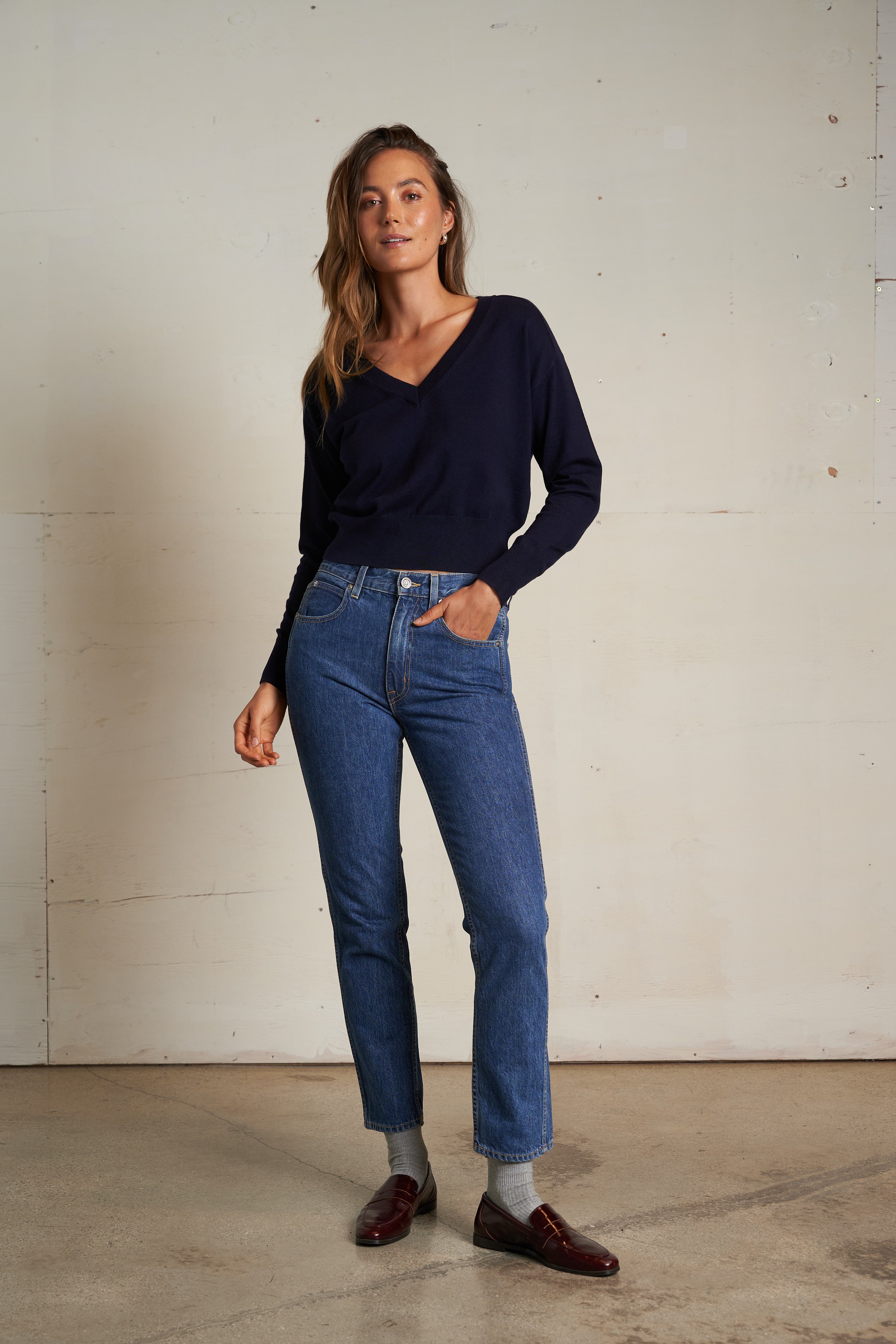 Georgina Cashmere Vneck Sweater - Navy-perfectwhitetee-Happy on Main