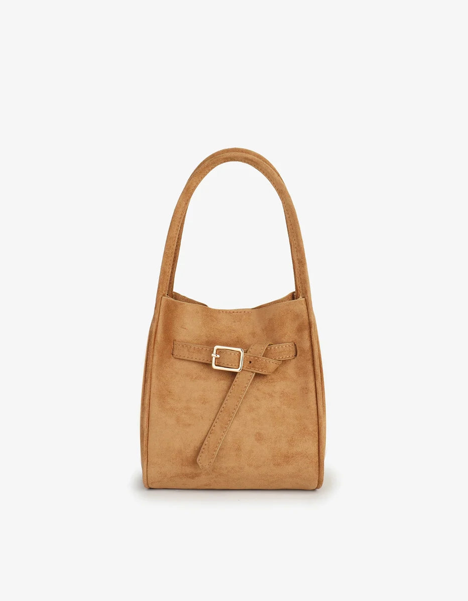 Hollace Mini Tote Faux Suede Buckle Camel-Remi/Reid-Happy on Main