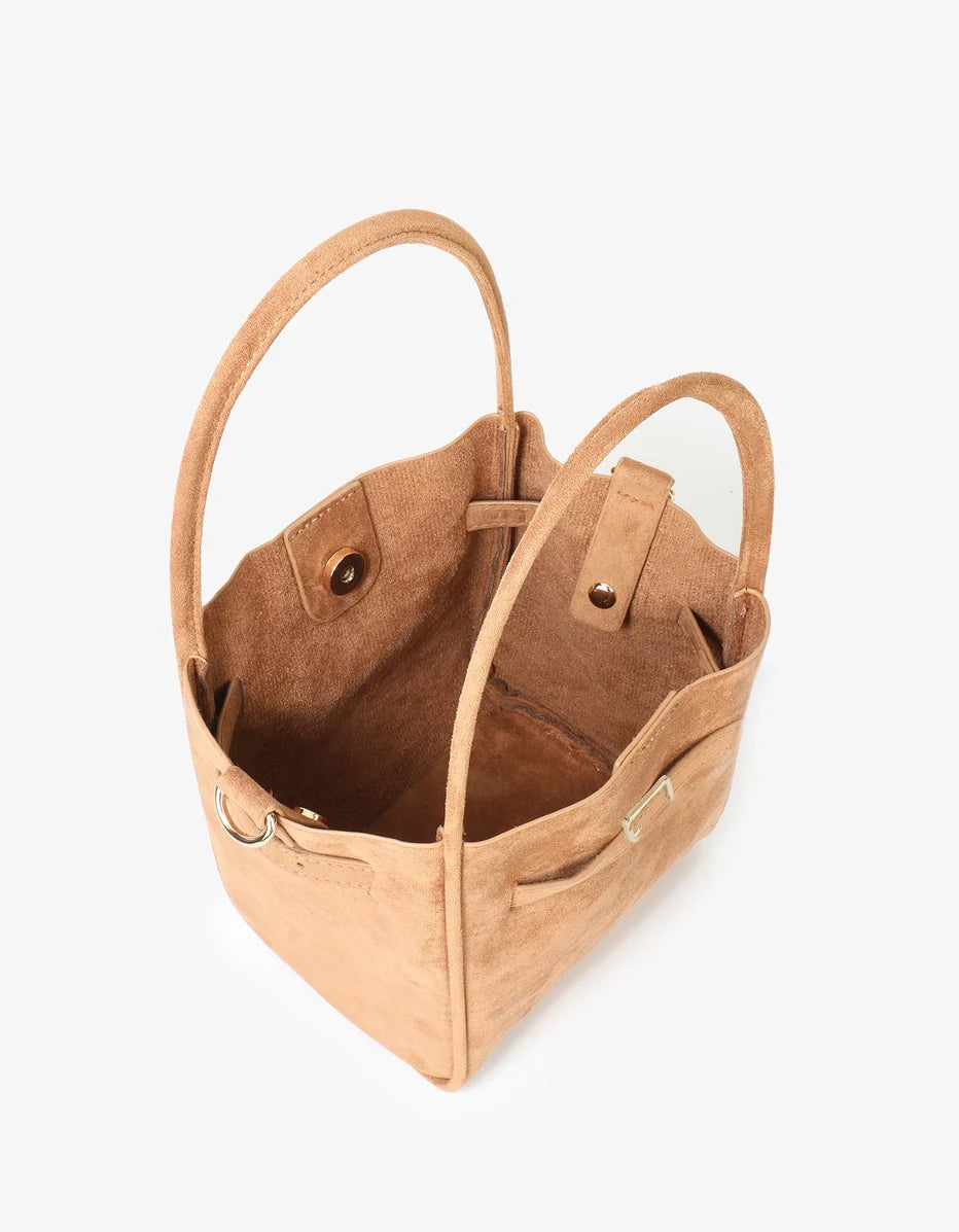 Hollace Mini Tote Faux Suede Buckle Camel-Remi/Reid-Happy on Main