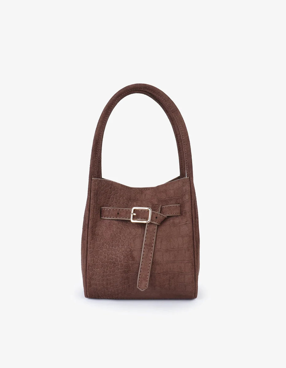 Hollace Mini Tote Faux Suede Croc Buckle Chocolate-Remi/Reid-Happy on Main