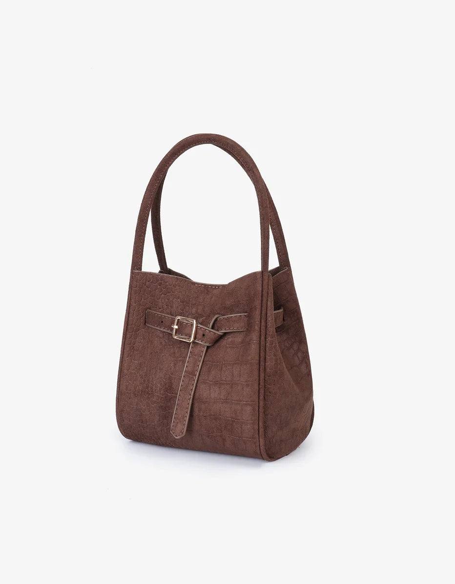 Hollace Mini Tote Faux Suede Croc Buckle Chocolate-Remi/Reid-Happy on Main