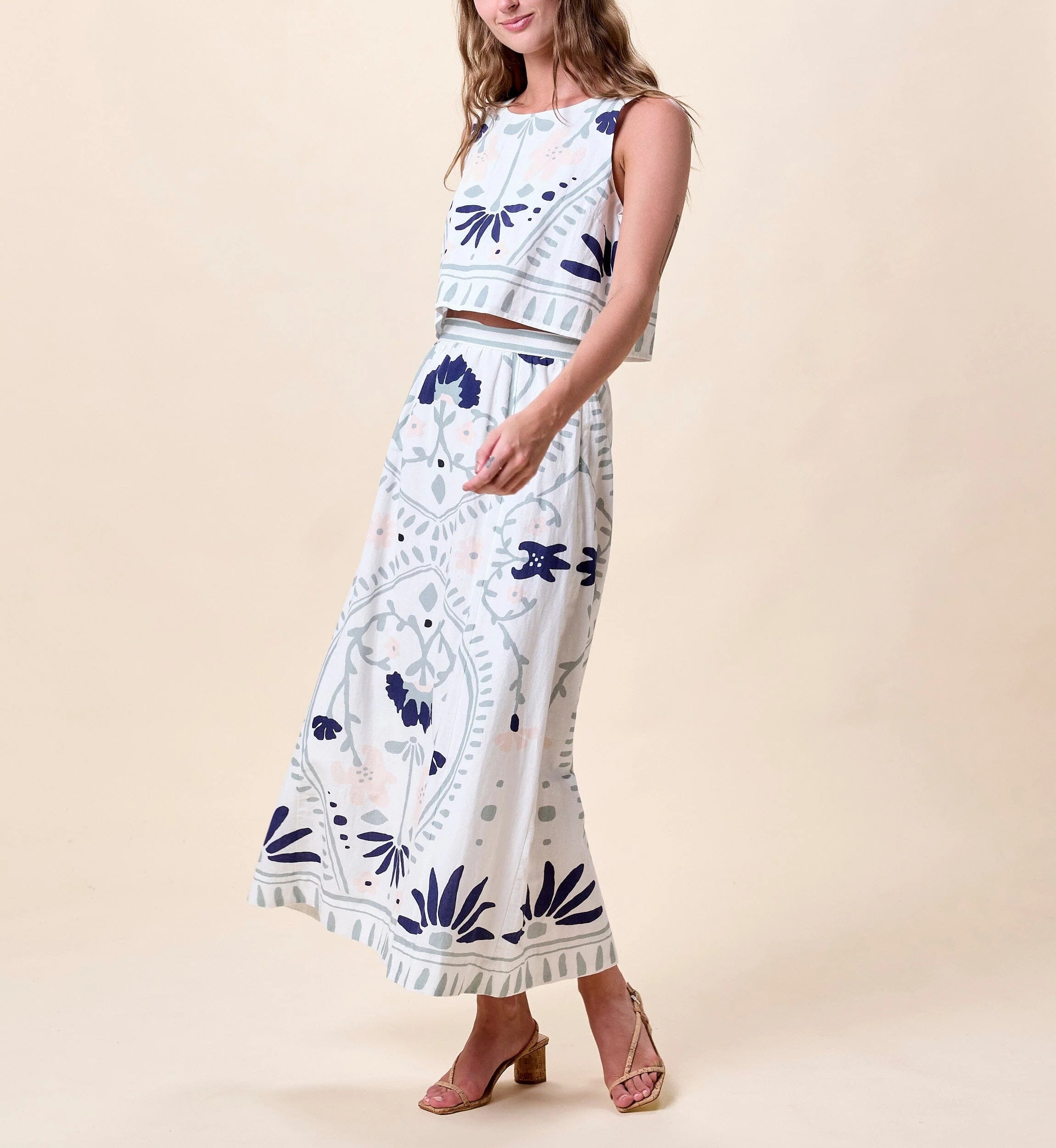 Juliet Ankle Skirt - Liliana Blue Surf Print-Cleobella-Happy on Main