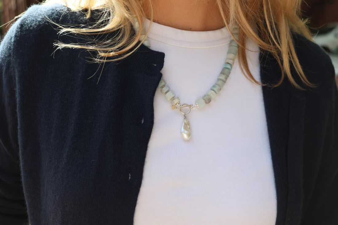 Gemstone Pearl Charm Necklace - Aquamarine-Wear Loulu X Happy on Main-Happy on Main